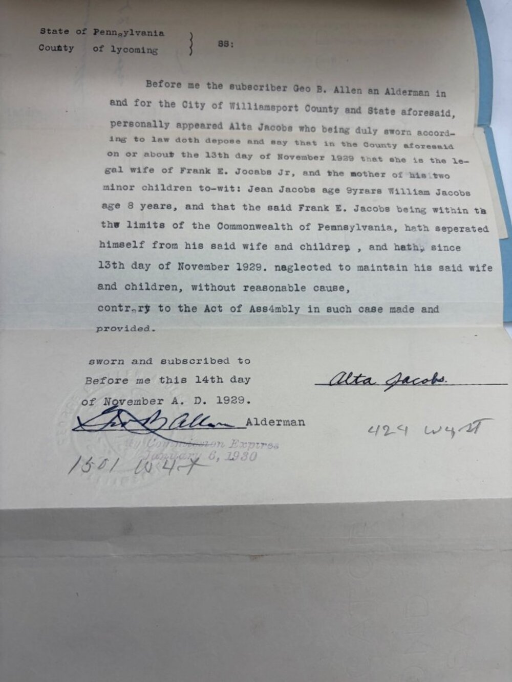 1929 PA Court Case File Desertion Non Support Nolle Prosequi Jacobs Lycoming - Picture 8 of 9